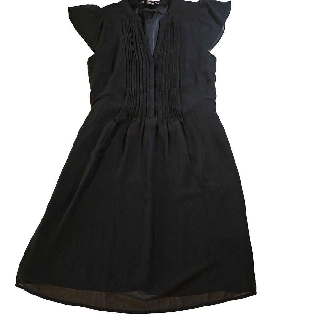 H&M Womens XS Black Chiffon Pleated Front Flutter Sleeve A-Line Mini Dress